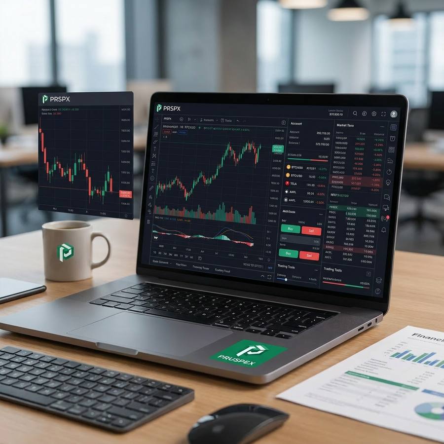 Pruspex platform — trading interface with intelligent assistant, real-time charts and a multi-asset control panel